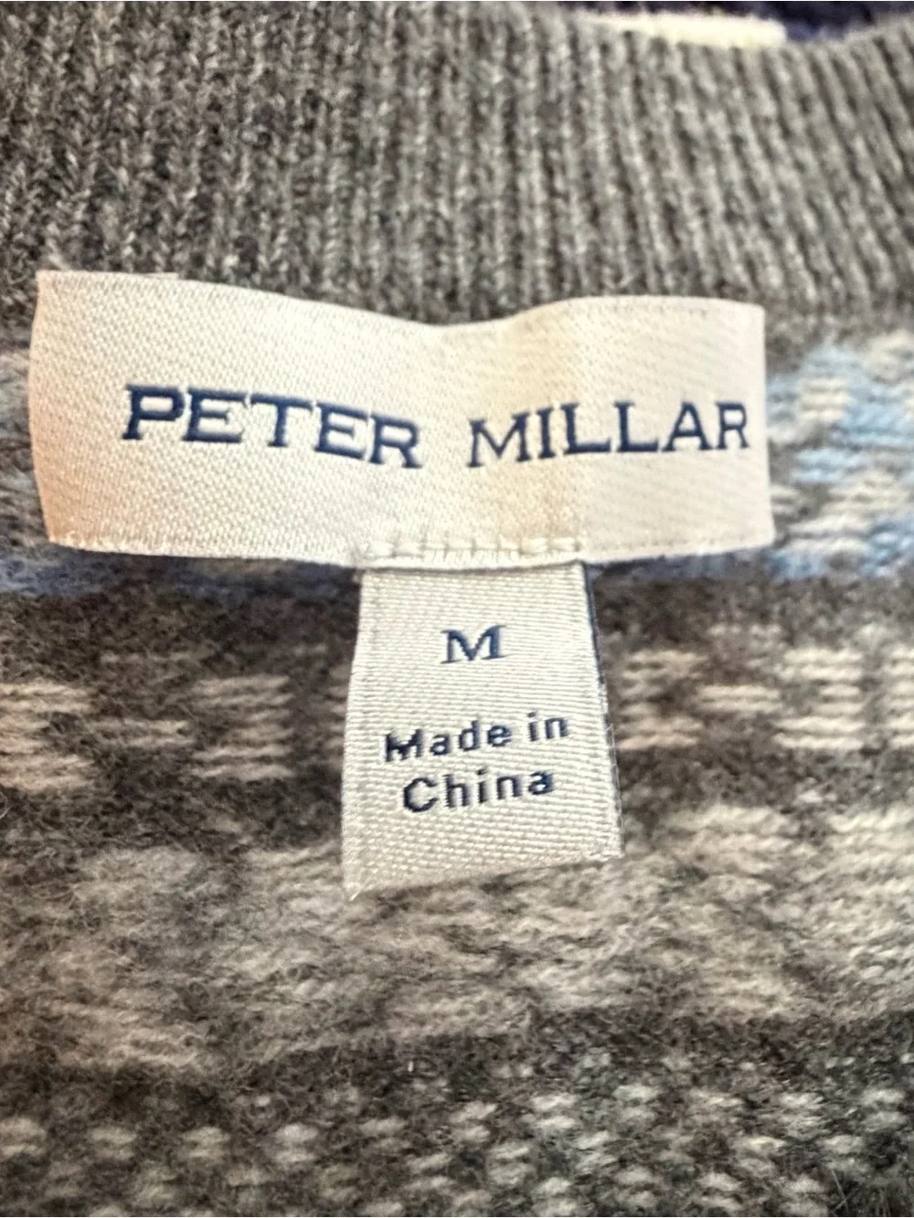 Peter Millar Grey Crewneck Wool/Cashmere Sweater with Blue Fair Isle Motif
